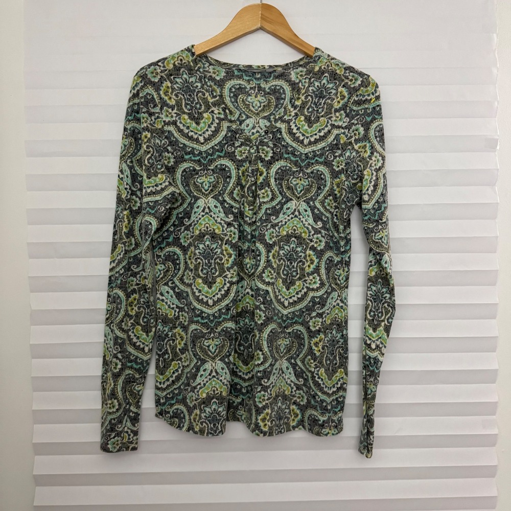 Athleta Womens L Tall Green Grey Paisley Long Sleeve Henley Top